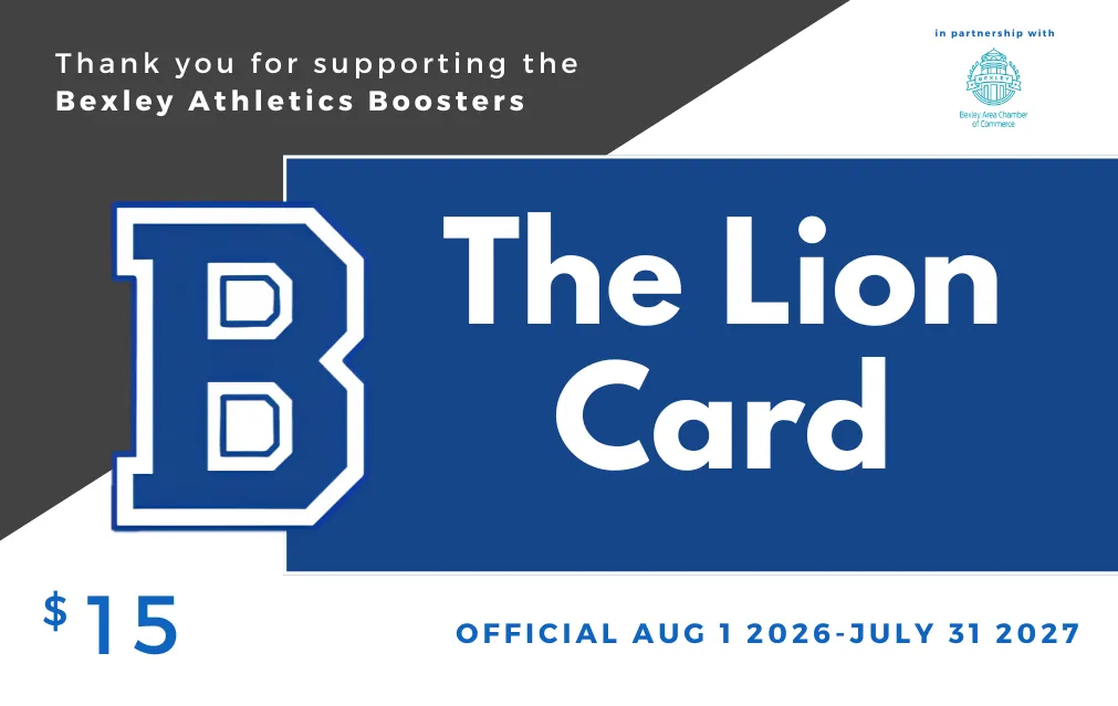 The 2026–27 Lion Card, the Bexley Boosters' $15 discount card, in partnership with the Bexley Area Chamber of Commerce
