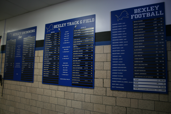 Updated athletic record boards mounted on a gymnasium wall